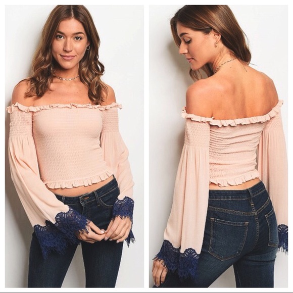 Tayzani Tops - Pink & Navy Off Shoulder Lace Crop Bell Sleeve Top